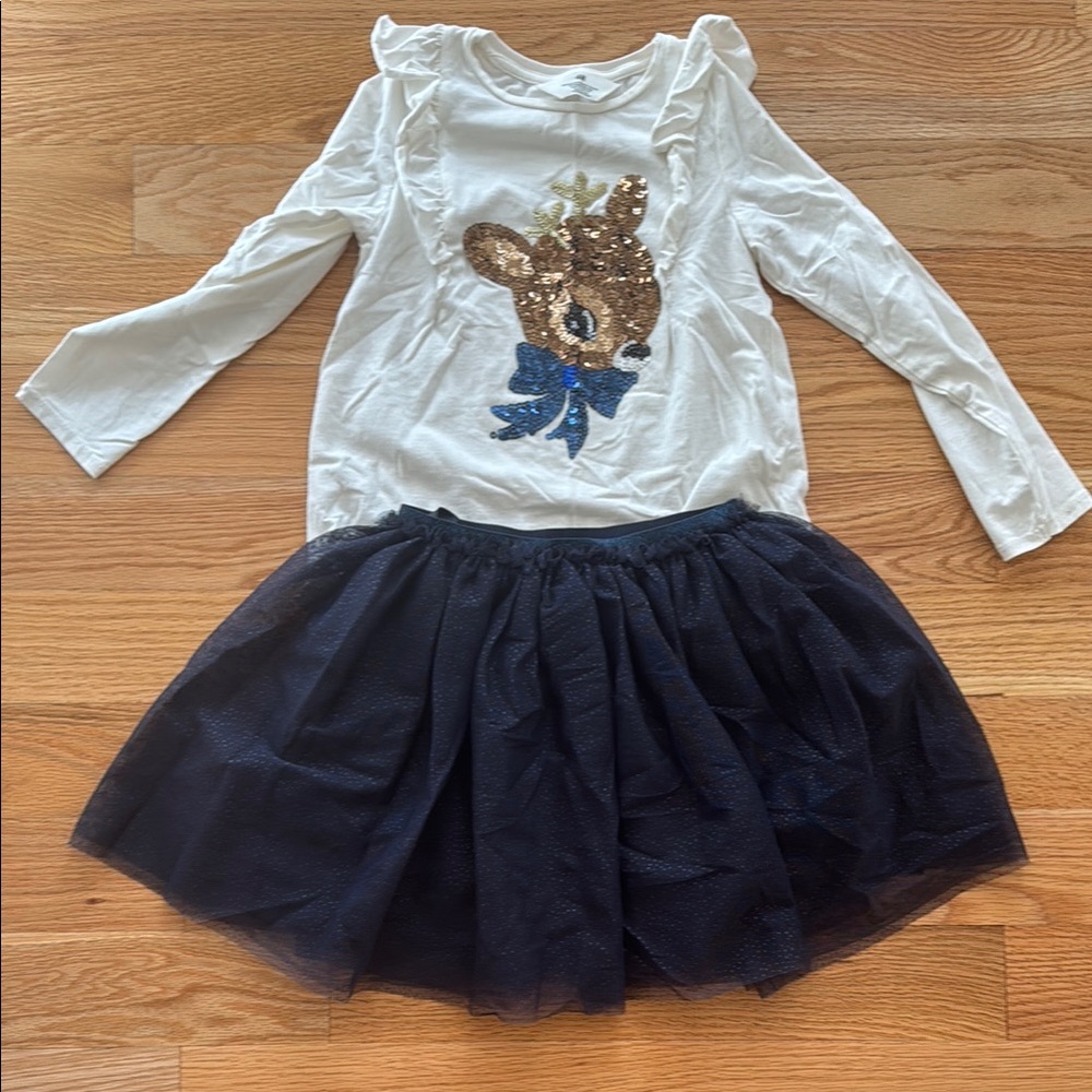 Cute Deer Long Sleeve Top and Tulle Skirt Set